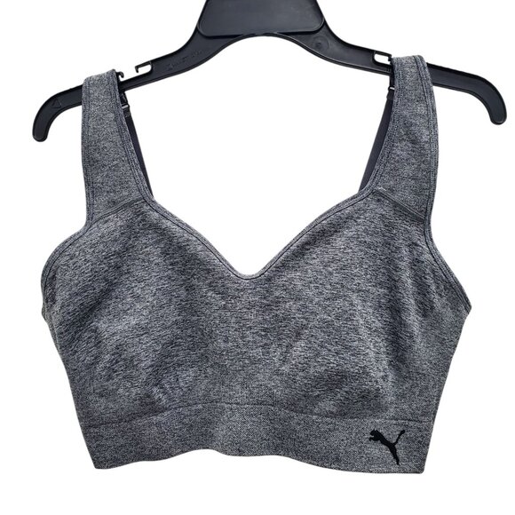 Puma Women's Gray Marled Spacedye Cat Logo Pullover Adjustable Sports Bra Sz‎ XL - Picture 1 of 4